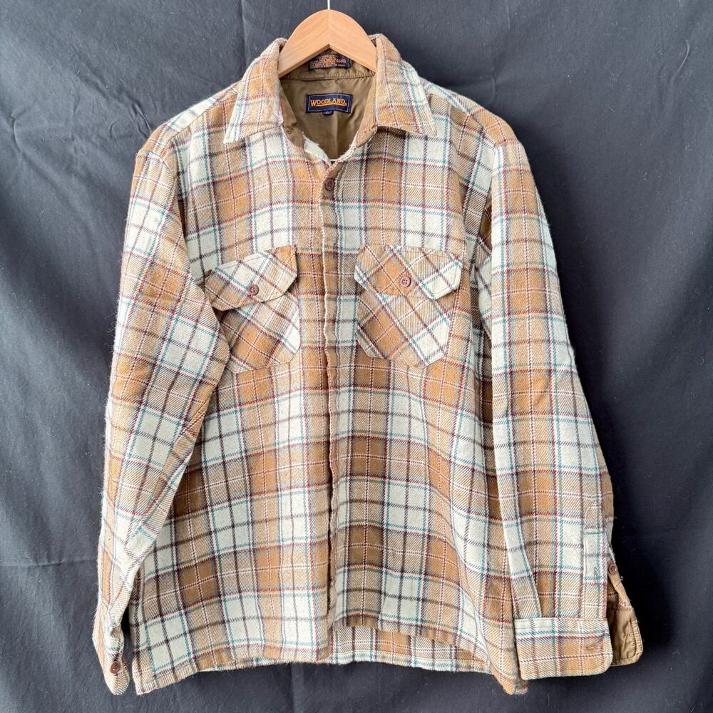 Vintage Woodland Plaid Shirt Mens Large 100% Virgin Acrylic Flannel Korea Brown‎